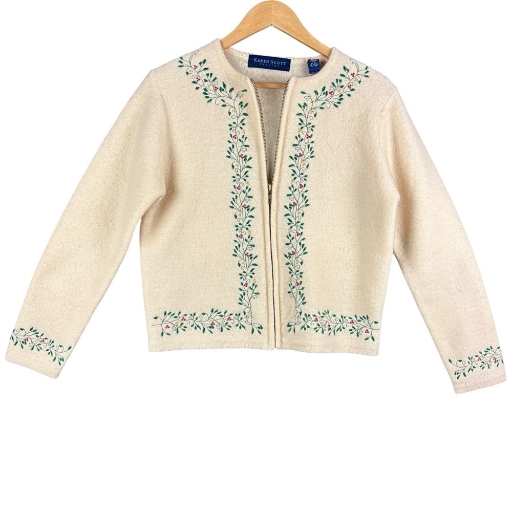 Karen Scott Petites Women’s Embroidered Wool Cardigan – Sz PS (Vintage)